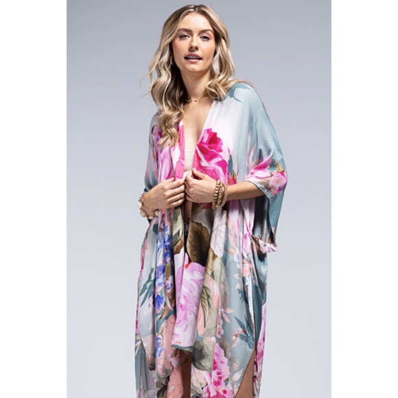 Rose Floral Printed Monet Spring Summer Open Style Kimono Wrap Coverup Top - Picture 5 of 5